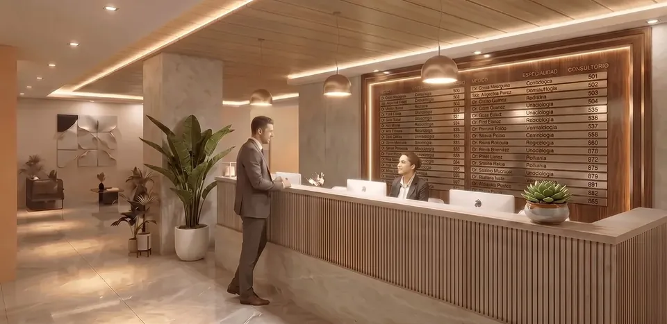 Recepción con el directorio de consultorios
